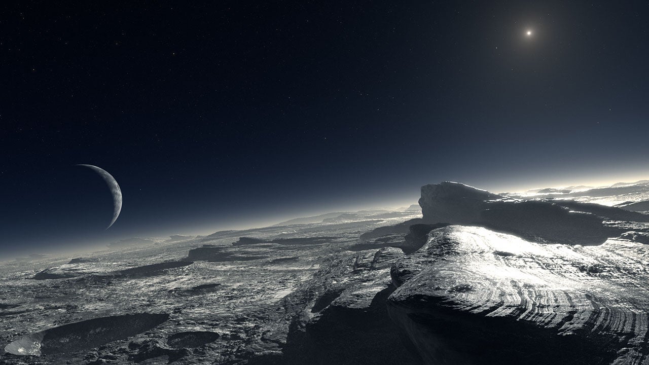 An artist’s impression of Pluto’s surface, based on atmospheric models.