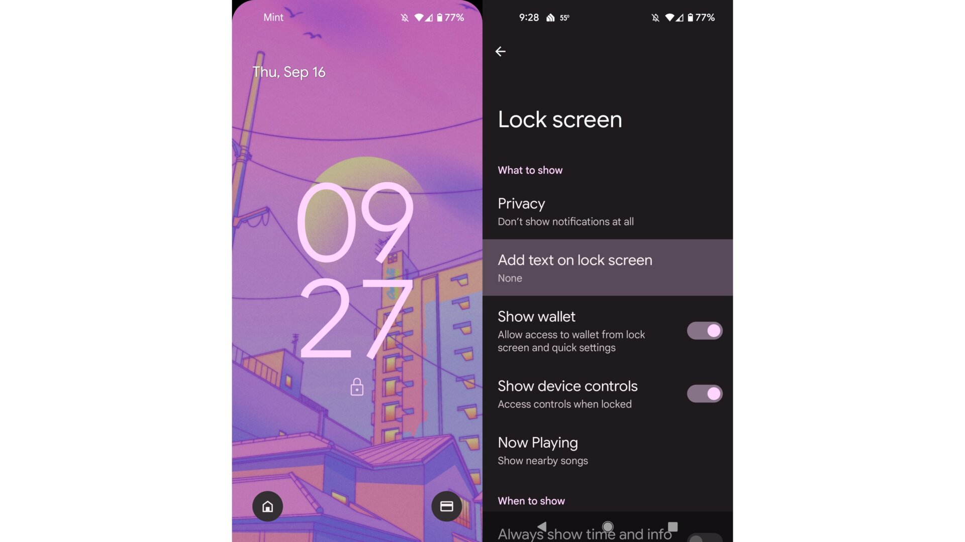 The Lock screen in Android 12 lets you add a Google Pay and Device Controls quick launch button for access without unlocking the phone.