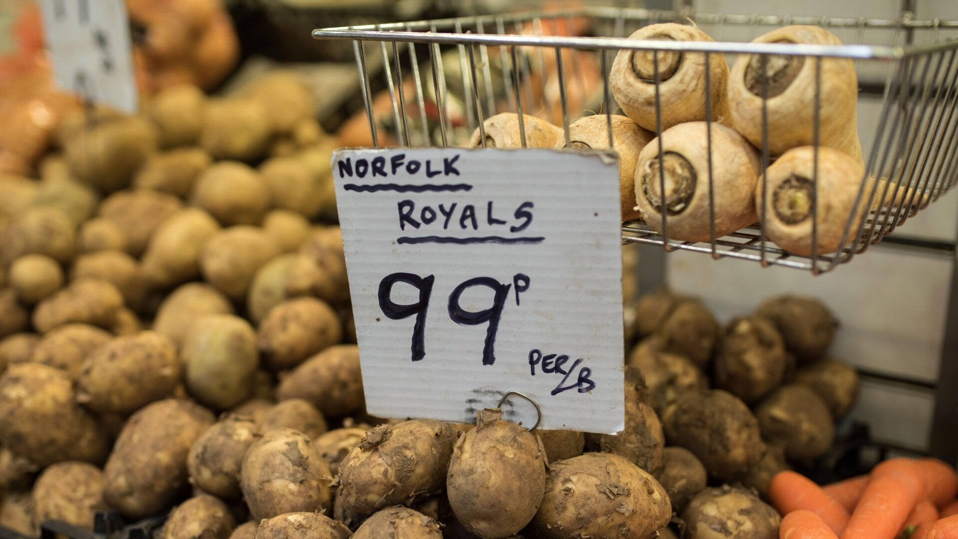 Potatoes are displayed for sale in imperial measurements in Darlington England on September 6, 2018.