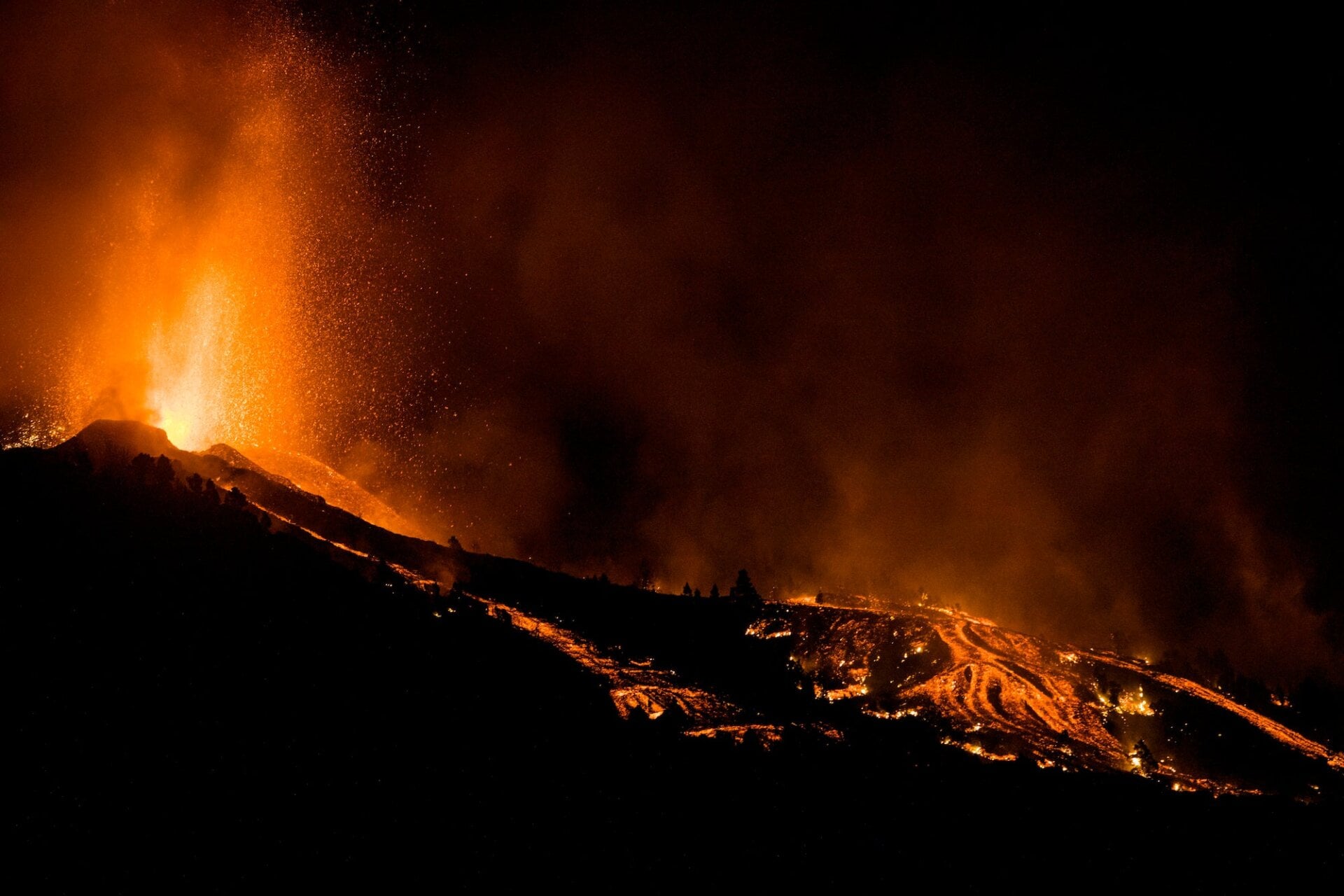Lava flows from an eruption of a volcano at the island of La Palma.