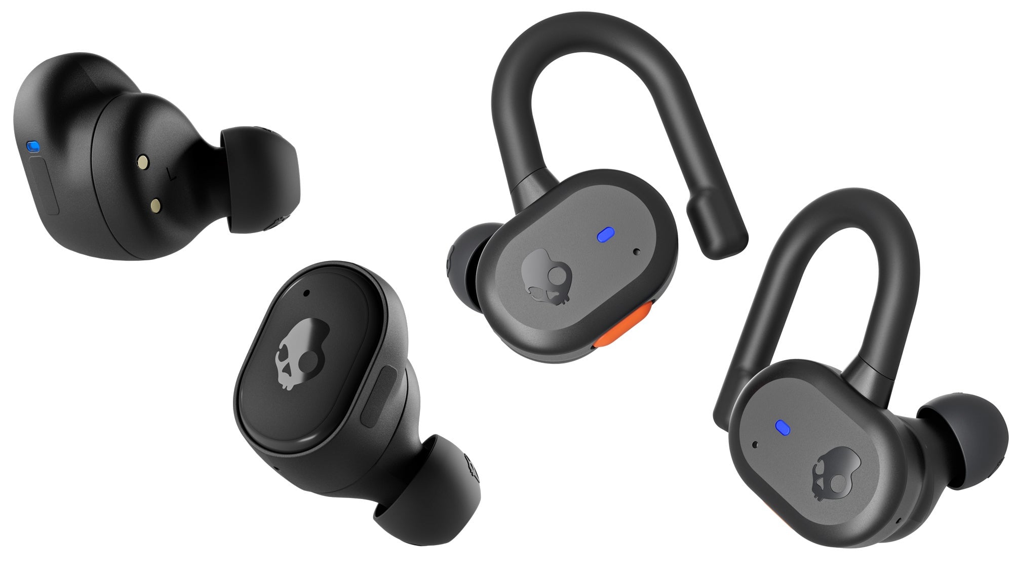 The Skullcandy Grind Fuel (left) compared to the Push Active (right). The latter includes a flexible over-the-ear support for a more secure fit during physical activities.