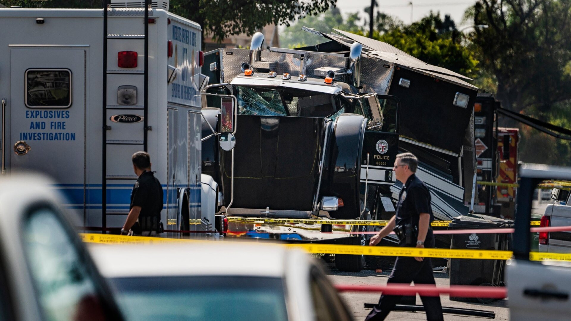A destroyed LAPD armored tractor-trailer seen after the agency’s questionably competent bomb squad detonated way too many fireworks in a South Los Angeles neighborhood, seen here on July 1, 2021.