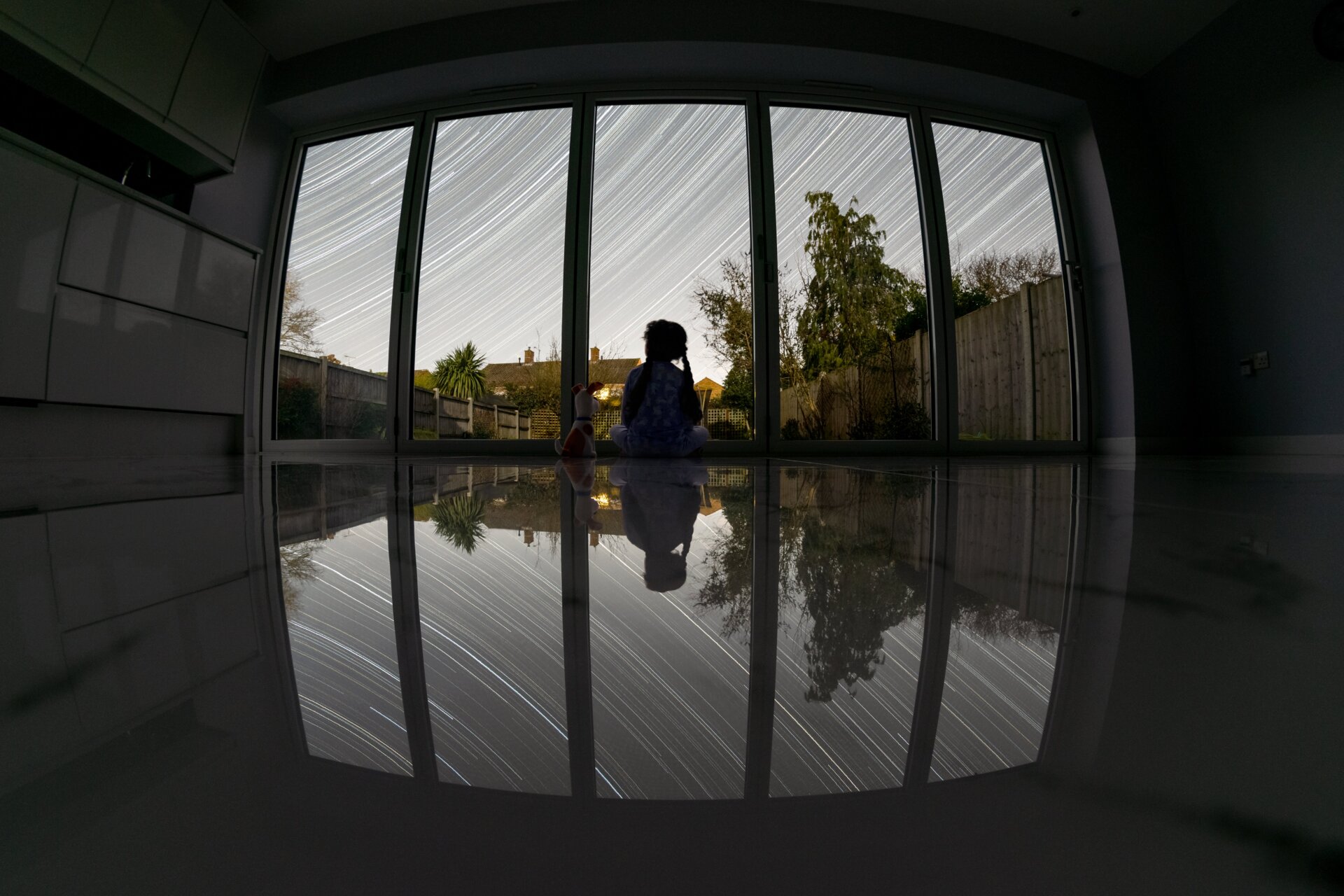 The silhouette of the photographer’s child in front of the night sky during lockdown.
