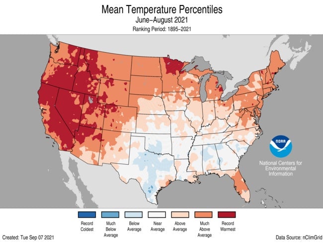 A map of temperature anomalies from June to August.
