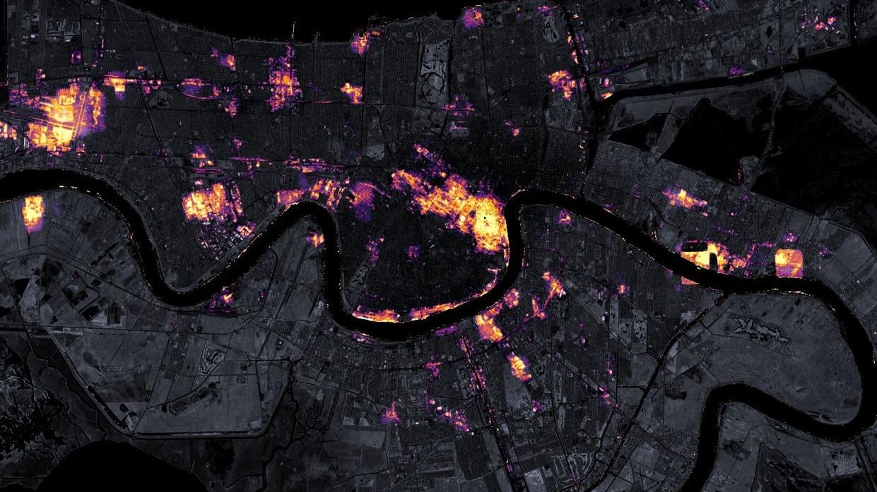 A false-color satellite view of New Orleans on August 31, 2021.