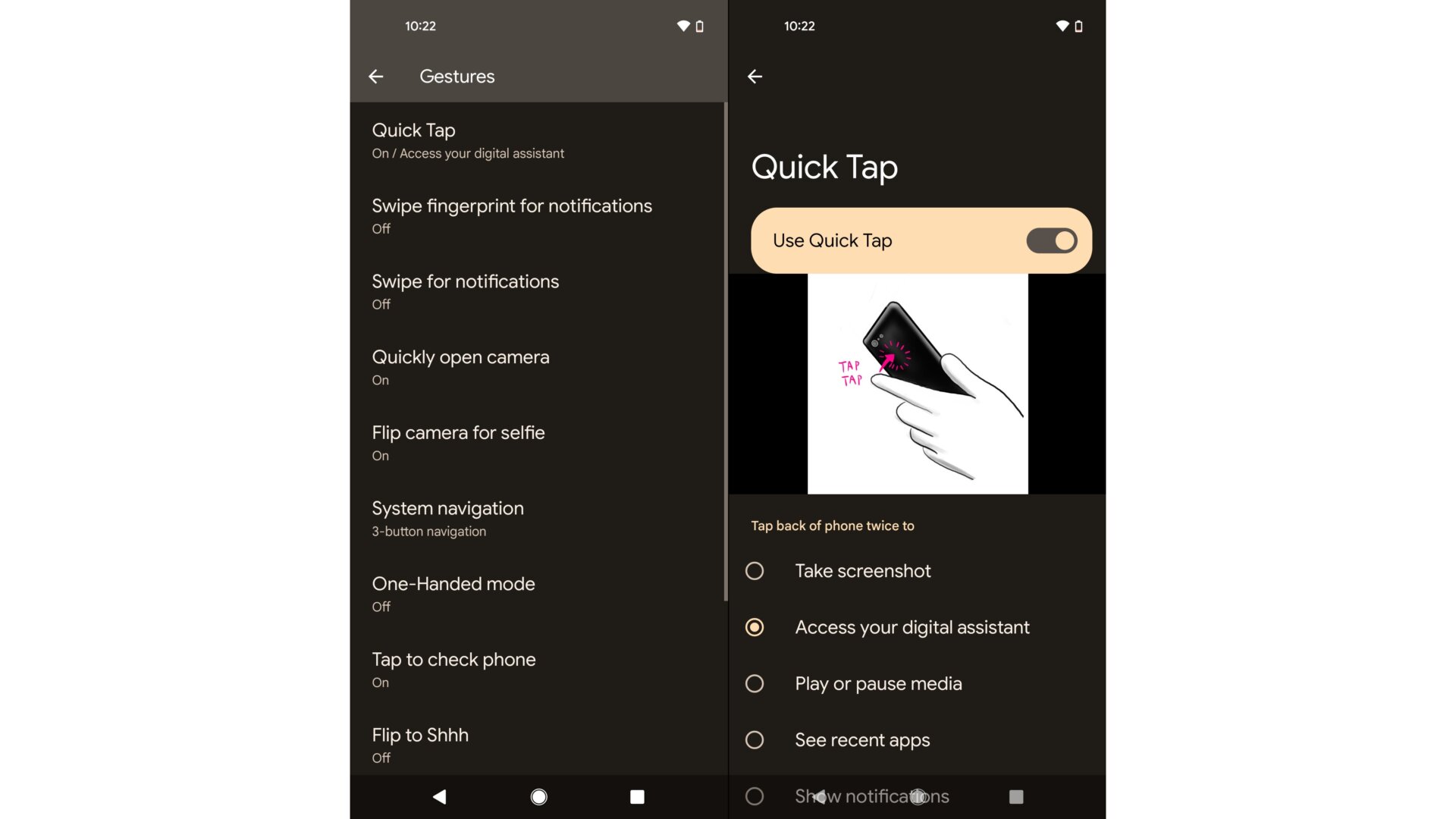A new gesture on Android 12 lets you double-tap on the back to bring up a programmable action. 
