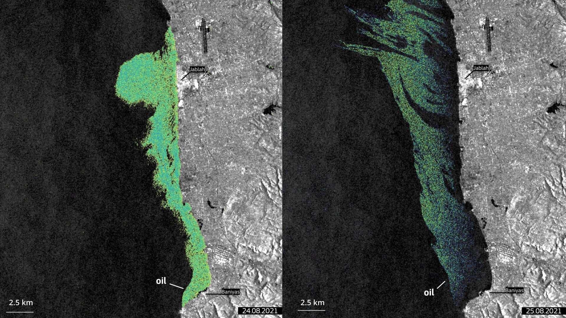 On 24 and 25 August 2021, the Copernicus Sentinel-1 satellites have imaged an oil spill on the coast of Syria. It has since spread to the west.