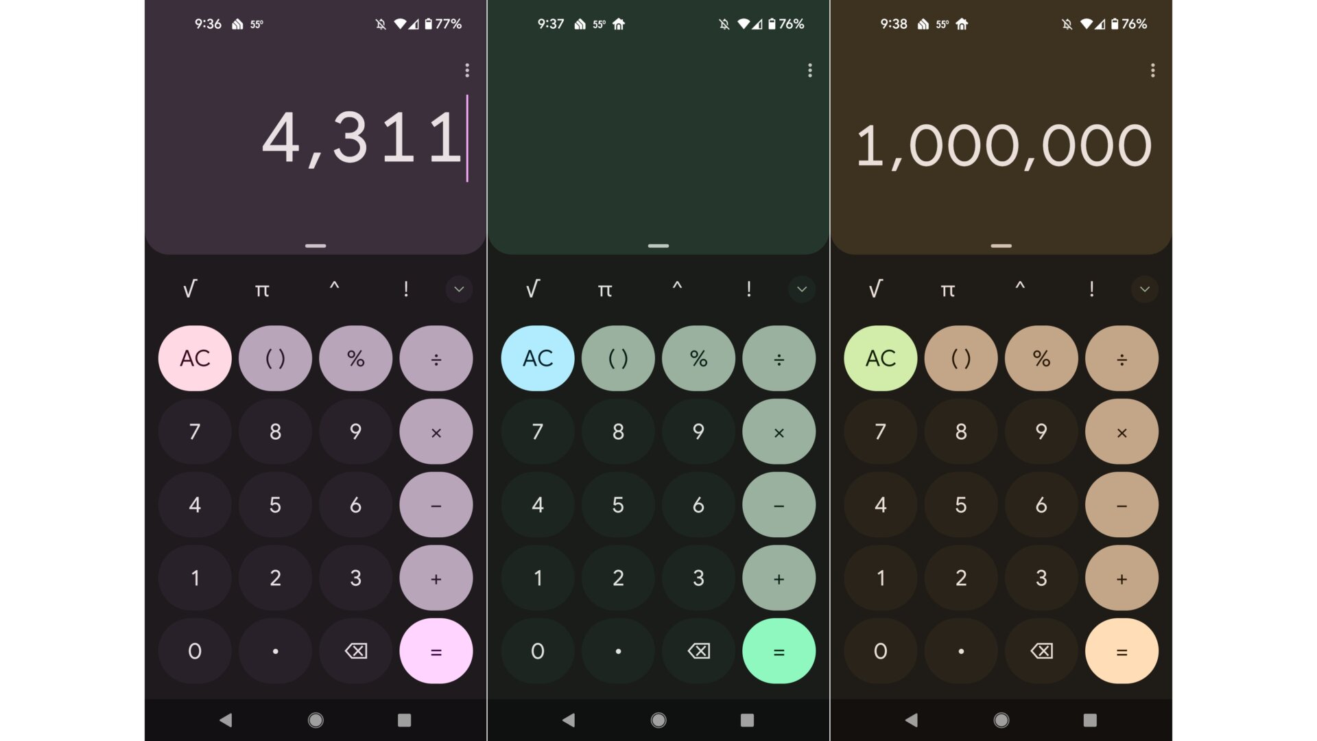 The many colorful stylings of Android 12's calculator app. 