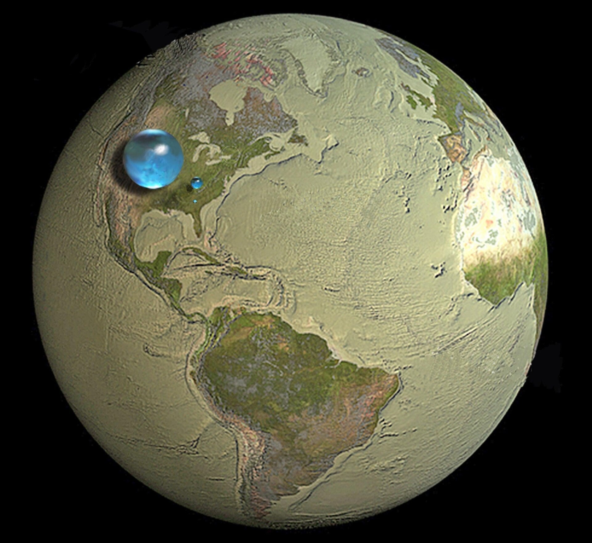 The world’s water: The largest blue sphere represents the total volume of all water on Earth; the second largest represents all fresh liquid water in the ground, lakes, swamps, and rivers; and the smallest sphere represents freshwater in lakes and rivers only. 