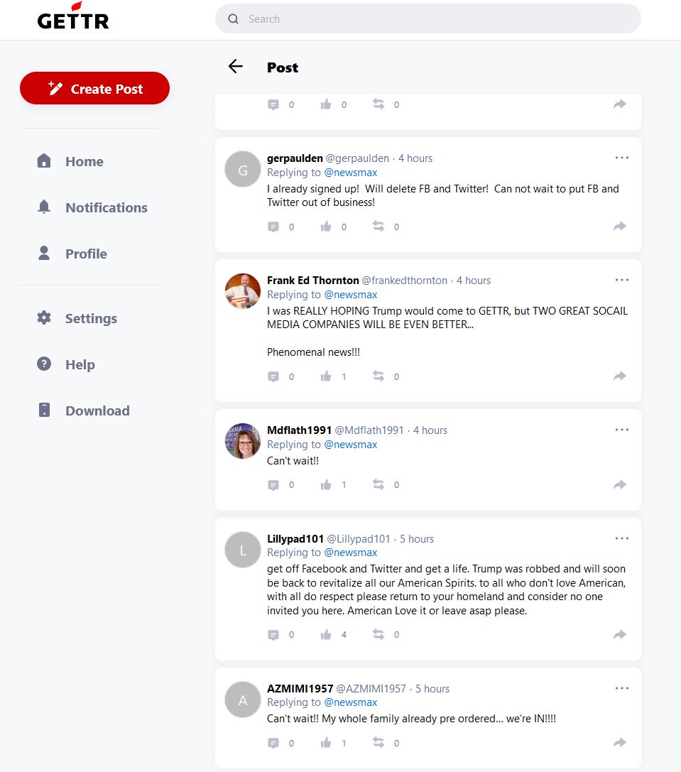 A screenshot of GETTR.