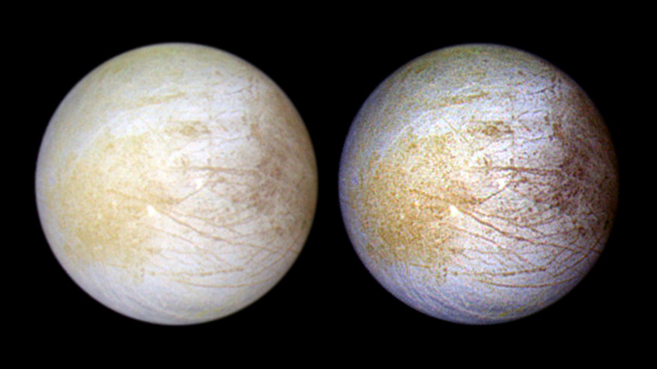 Europa as imaged by the Galileo spacecraft in June 1997. The view on the left shows Europa in its natural color, while the view at right is color-enhanced. 