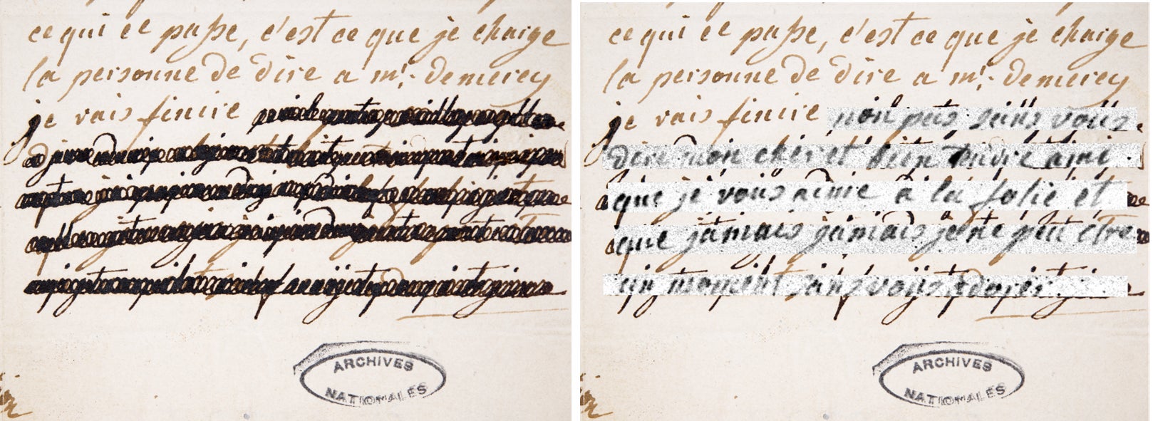 A redacted letter, left, and the superimposed reconstruction of the text, made using the XRF data (right.)