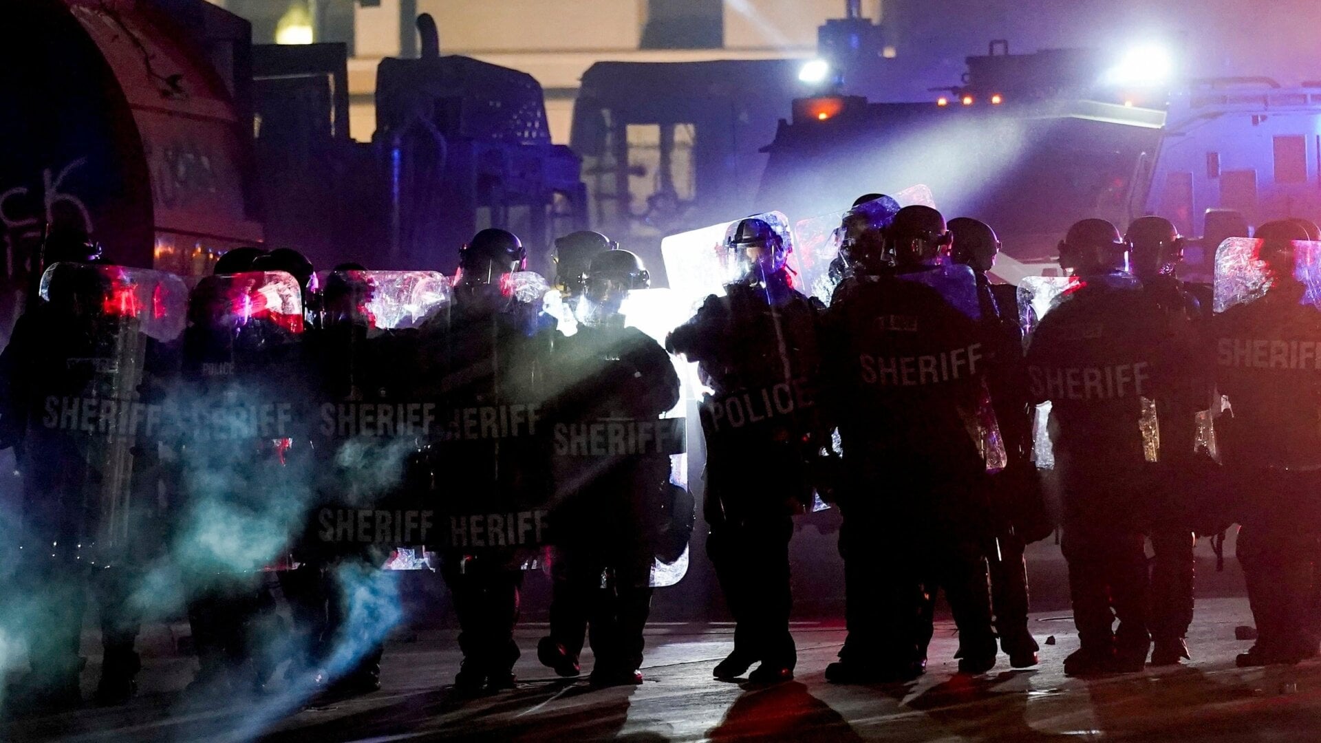 Riot police clearing a square in Kenosha, Wisconsin, where an armed group calling itself the Kenosha Guard organized on Facebook to confront Black Lives Matter protesters before a vigilante killed two and wounded another. The Kenosha Guard is now on Facebook’s Dangerous Individuals and Organizations list.