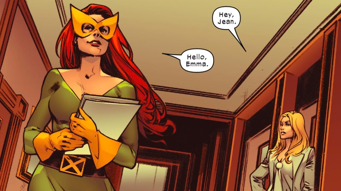 Jean Grey and Emma Frost, colleagues, greeting one another politely.