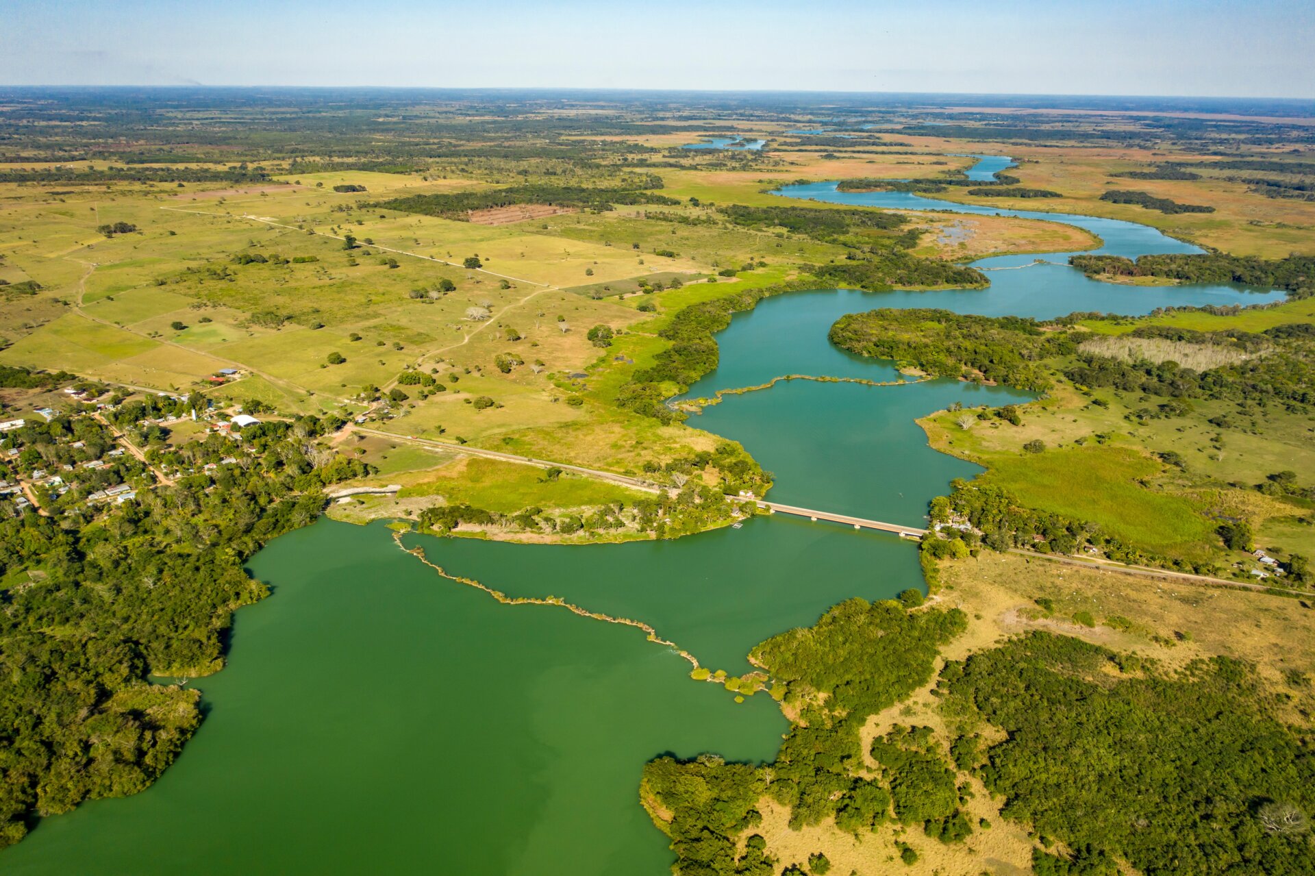 An aerial view of the San Pedro Mártir River in Tabasco, Mexico, highlights the river’s unique and naturally occurring tufa dam structures. 