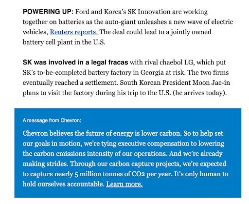 An ad for Chevron from a POLITICO Morning Energy newsletter.  