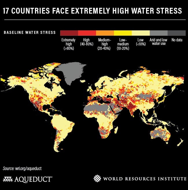 Map showing regions on Earth with extremely high water stress. 