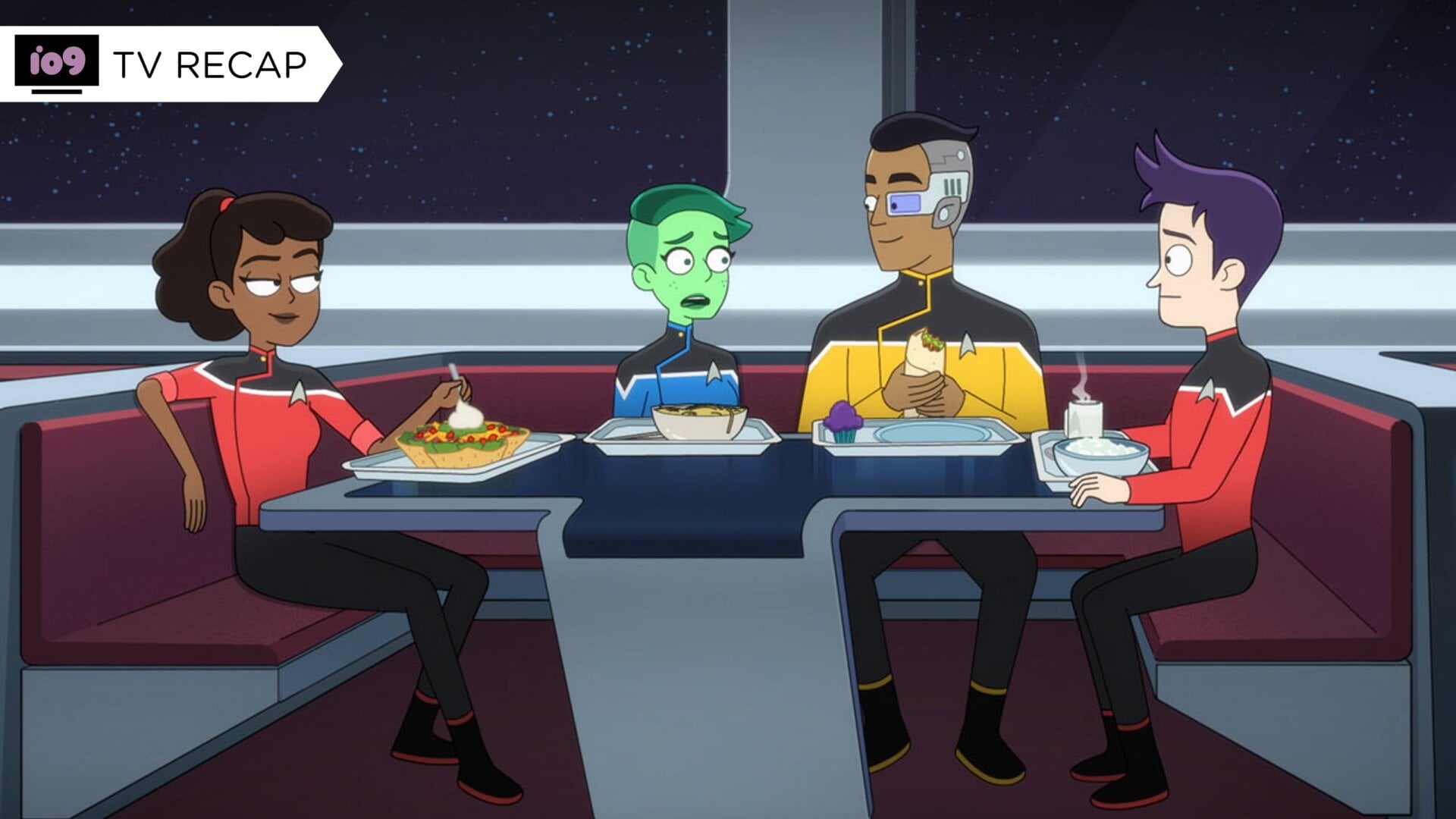 Our heroes grab breakfast ahead of a long warp flight.