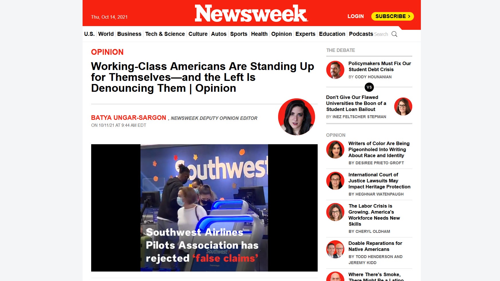 An op-ed in Newsweek claiming, despite the absence of any evidence, that Southwest outages this weekend were due to protests against coronavirus vaccines.