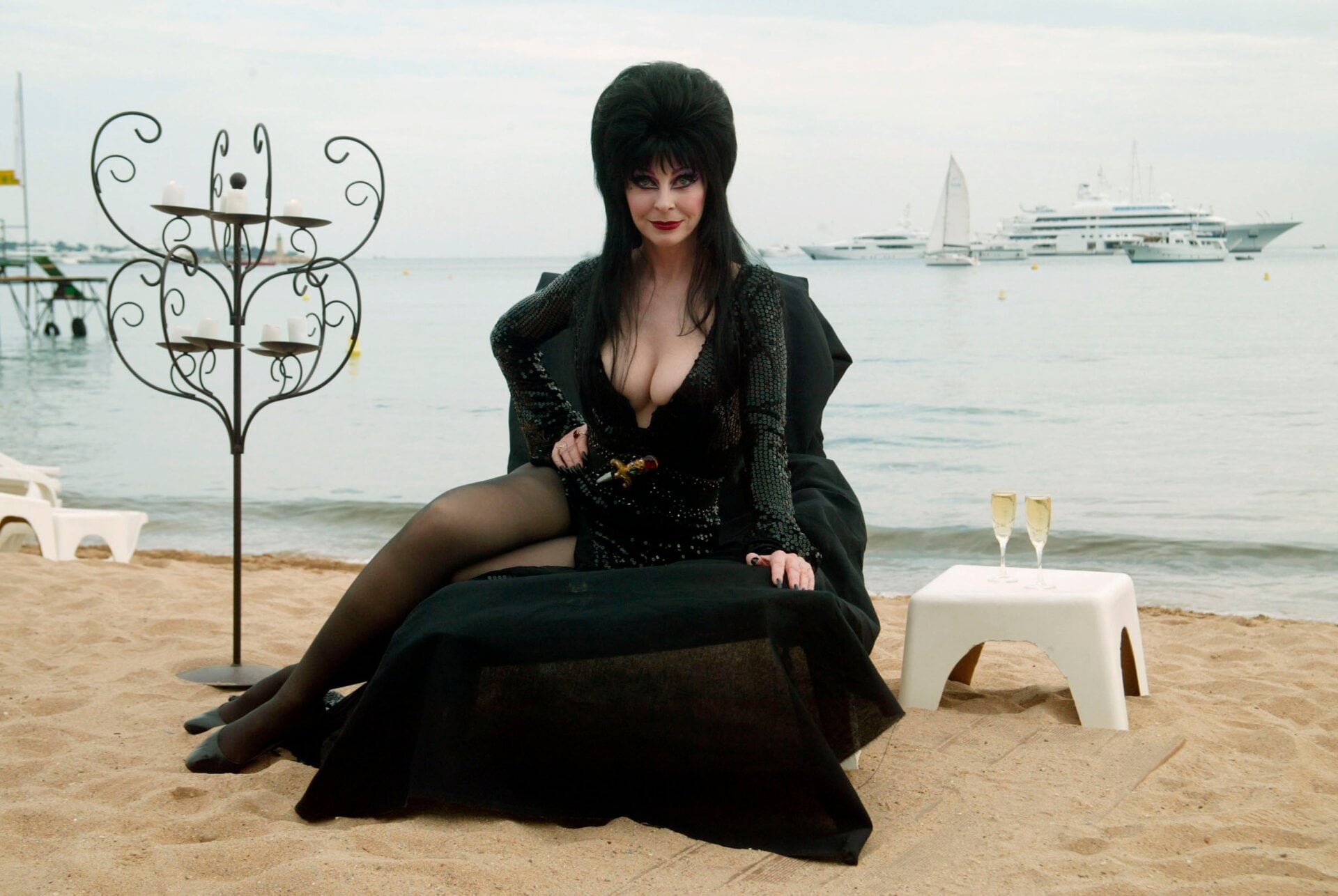 Elvira hits the beach at the 56th International Cannes Film Festival on May 17, 2003.