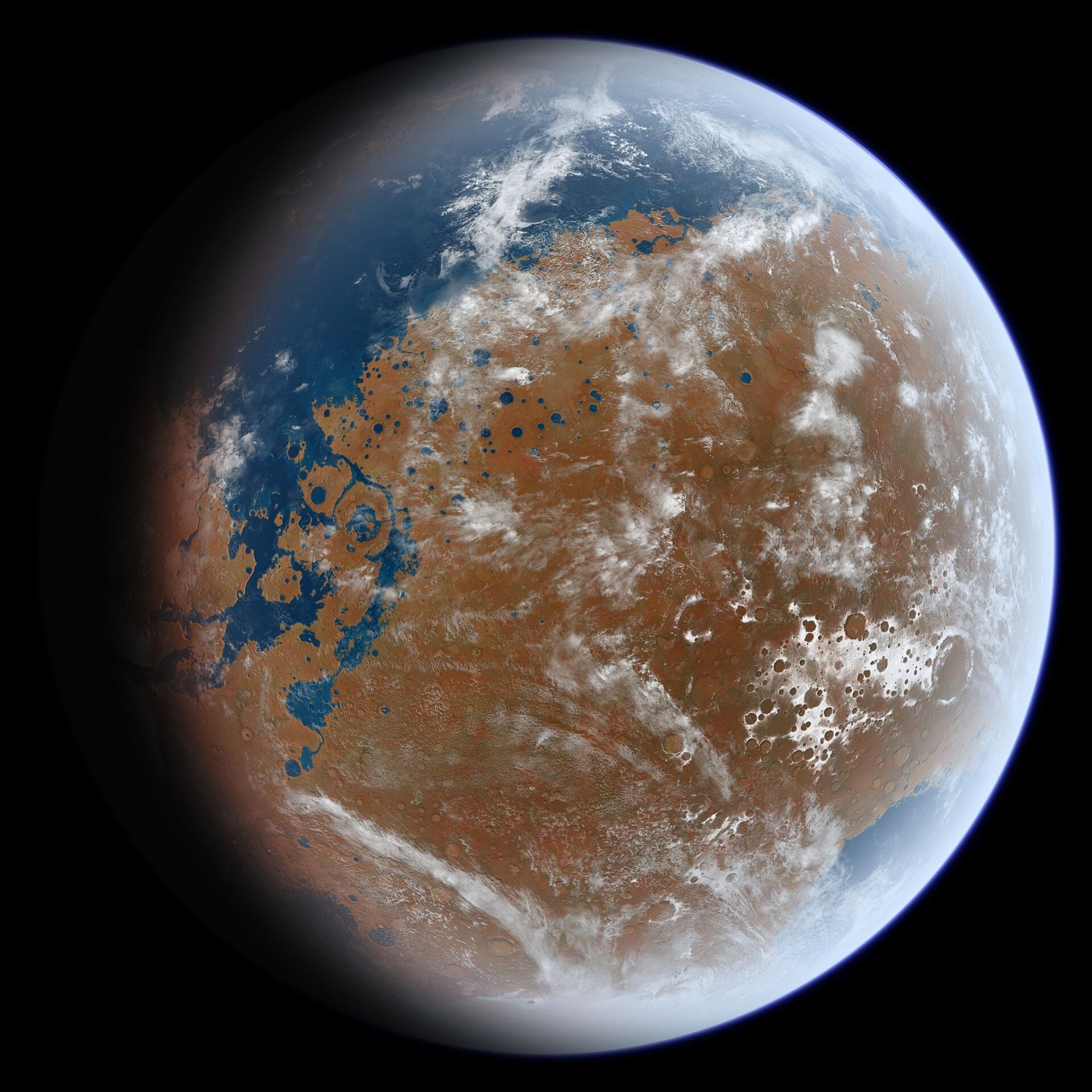 Artist’s depiction of Mars when it had liquid water on its surface. 