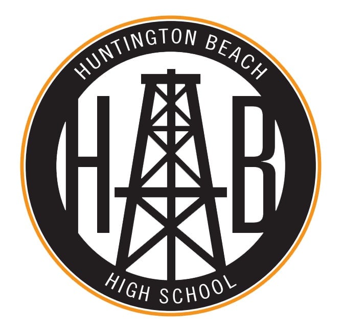 The Huntington Beach High School logo, complete with oil derrick and orange ring meant to symbolize the sun.