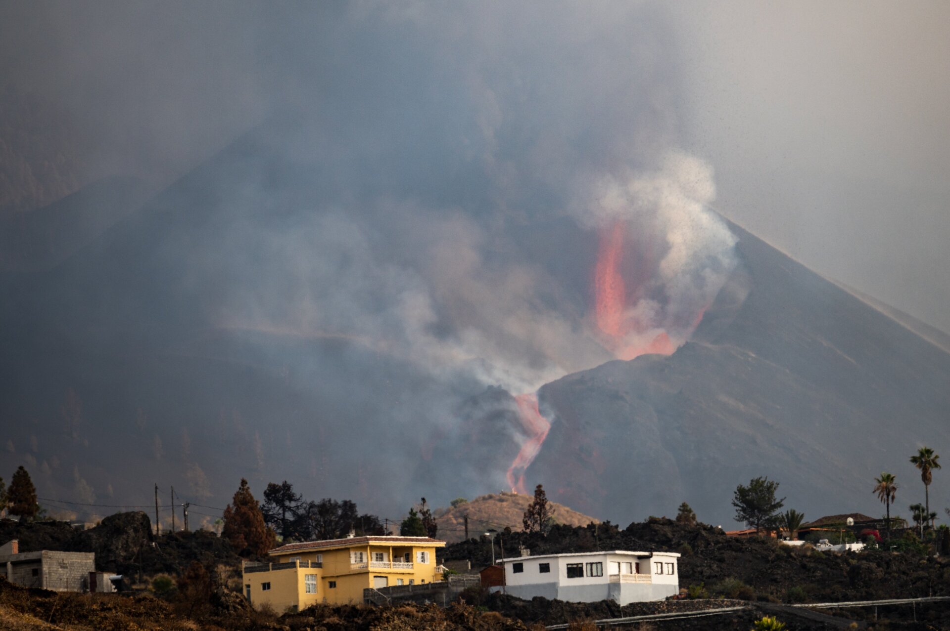 Ash and smoke rise from the Cumbre Vieja Volcano on October 9, 2021 in La Palma, Spain. 