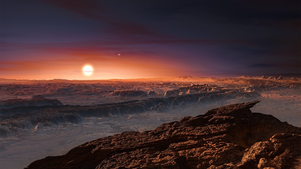 Artistic impression of the surface of Proxima Centauri b, one of two exoplanets in orbit around the red dwarf Proxima Centauri.
