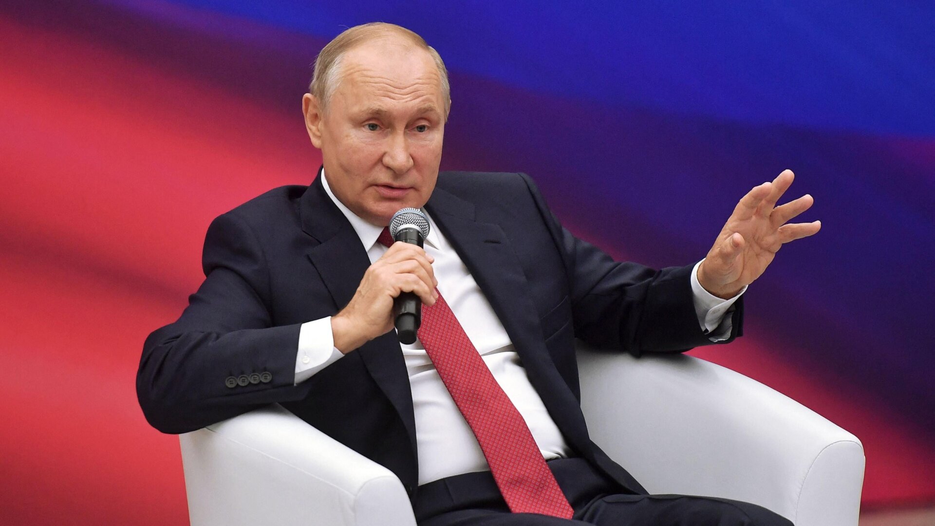 Russia’s President Vladimir Putin speaks during a United Russia ruling party’s members meeting in Moscow on August 22, 2021.