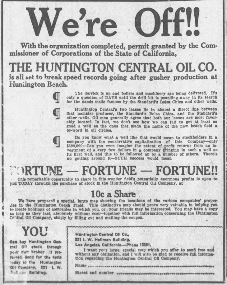 A page from the Los Angeles Times from Dec. 23, 1920 about Huntington Beach’s “gusher production.”