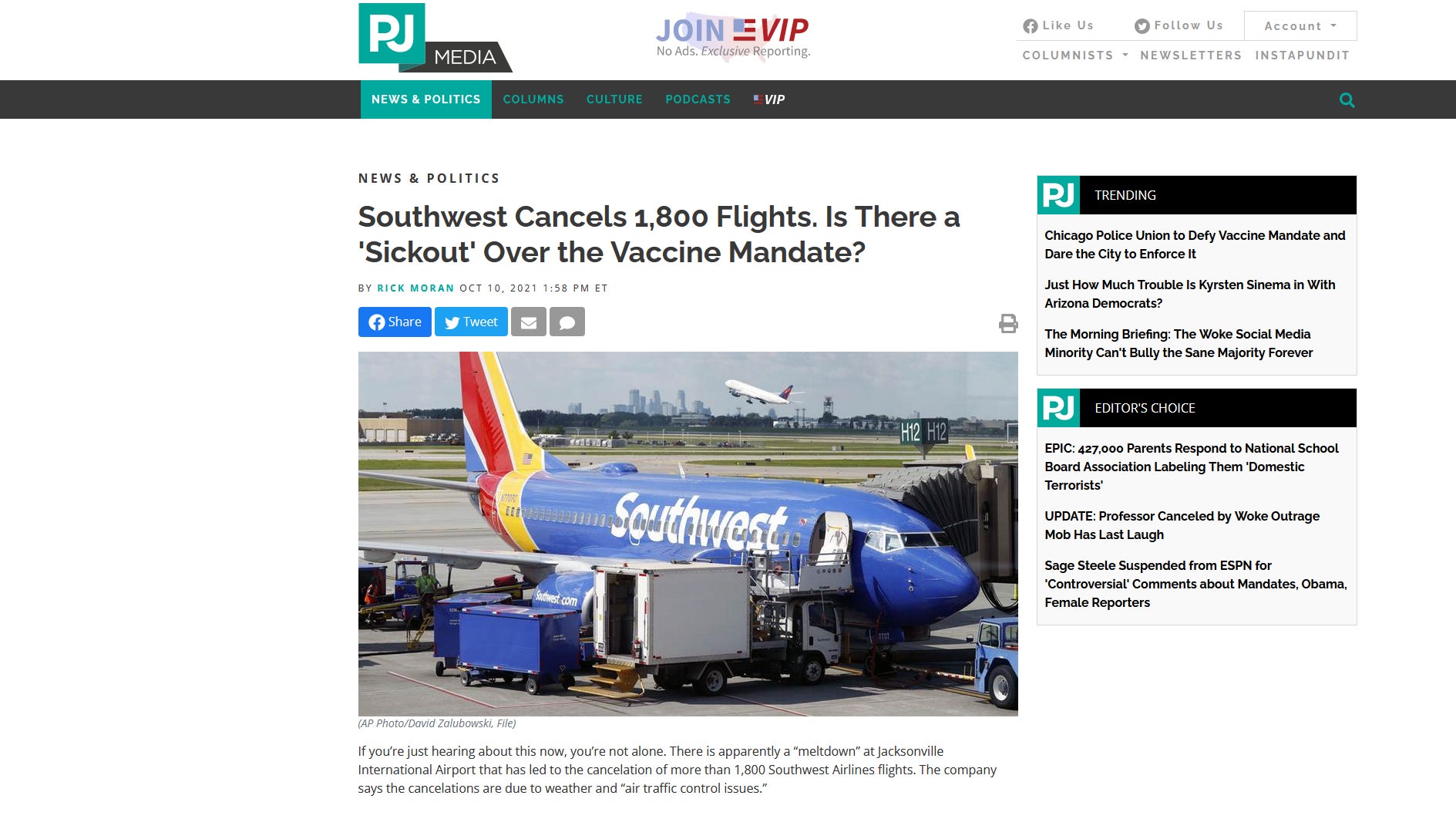 One of the right-wing blogs that parroted claims of a “sickout” at Southwest against employee vaccination requirements.