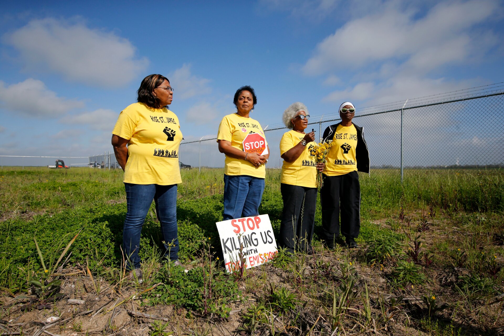 From left, Myrtle Felton, Sharon Lavigne, Gail LeBoeuf and Rita Cooper, members of RISE St. James, conduct a live stream video on property owned by Formosa in St. James Parish, Louisiana on Wednesday, March 11, 2020.