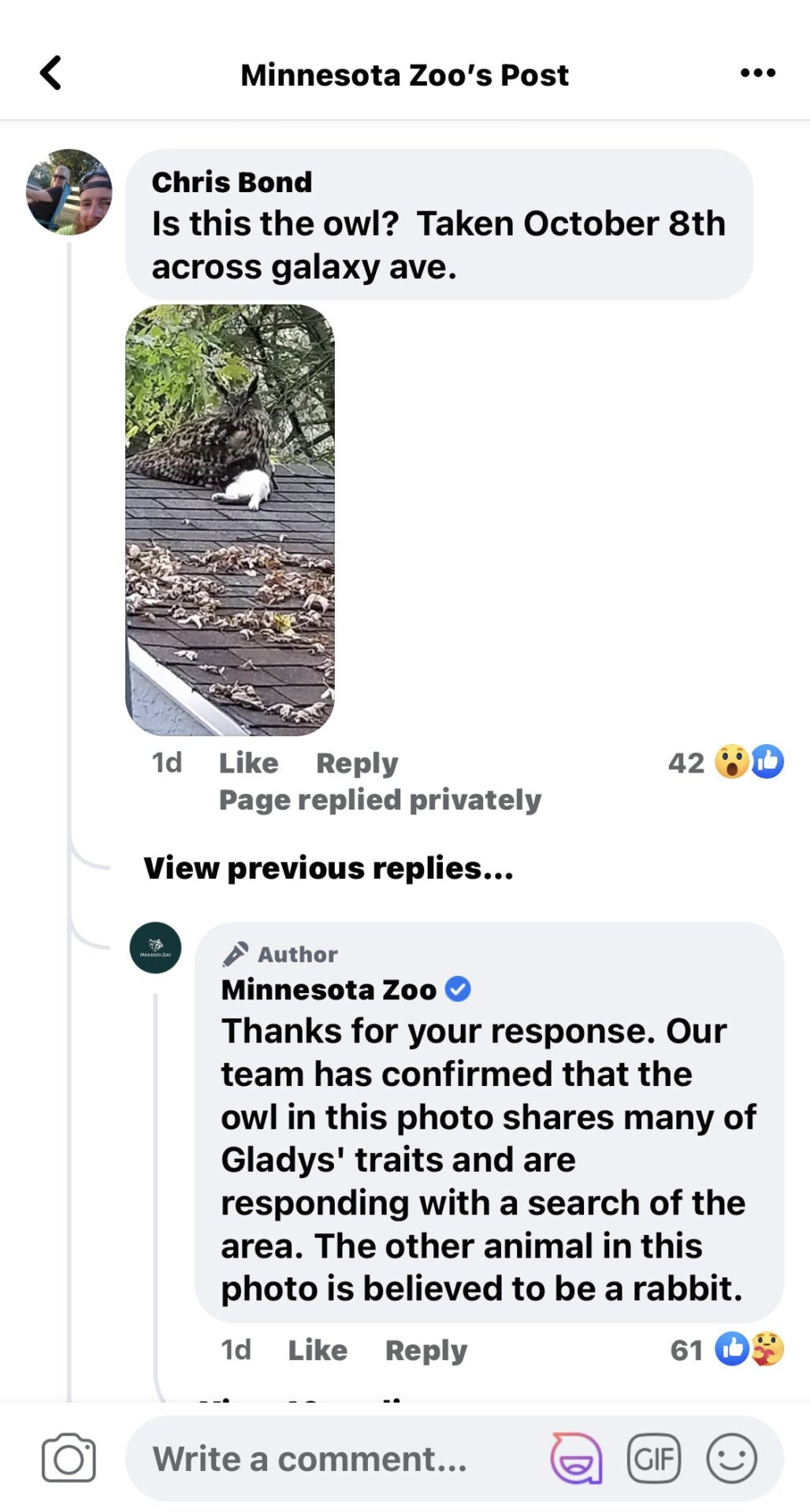 A Facebook user shared a suspected sighting of Gladys. 