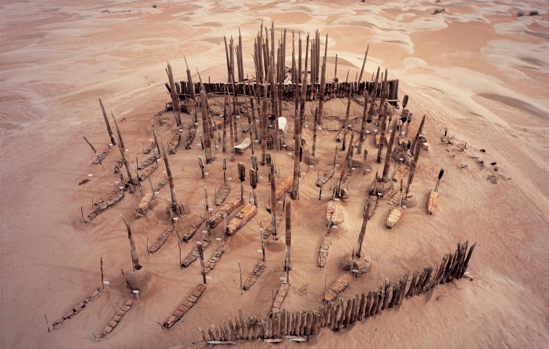 An aerial view of the Xiaohe cemetery in the Tarim Basin.