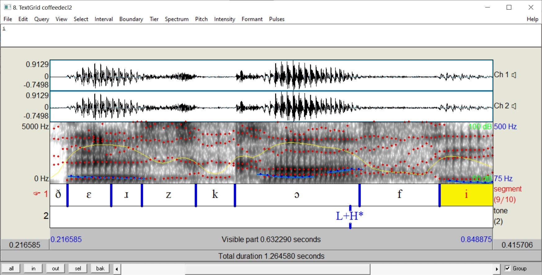 Fig. 1: Screenshot of Praat window showing analysis and transcription of “There’s coffee.” with declarative intonation.