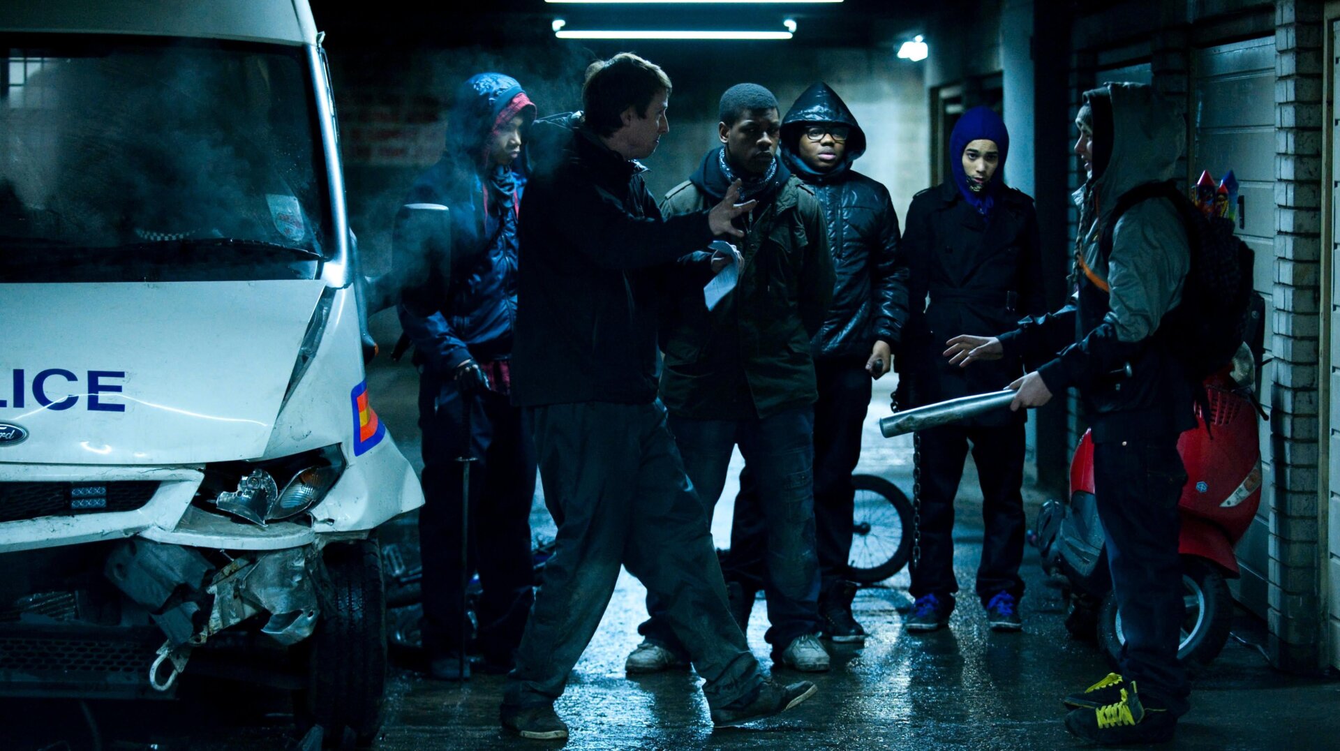Wright’s friend and collaborator Joe Cornish on the set of Attack the Block.