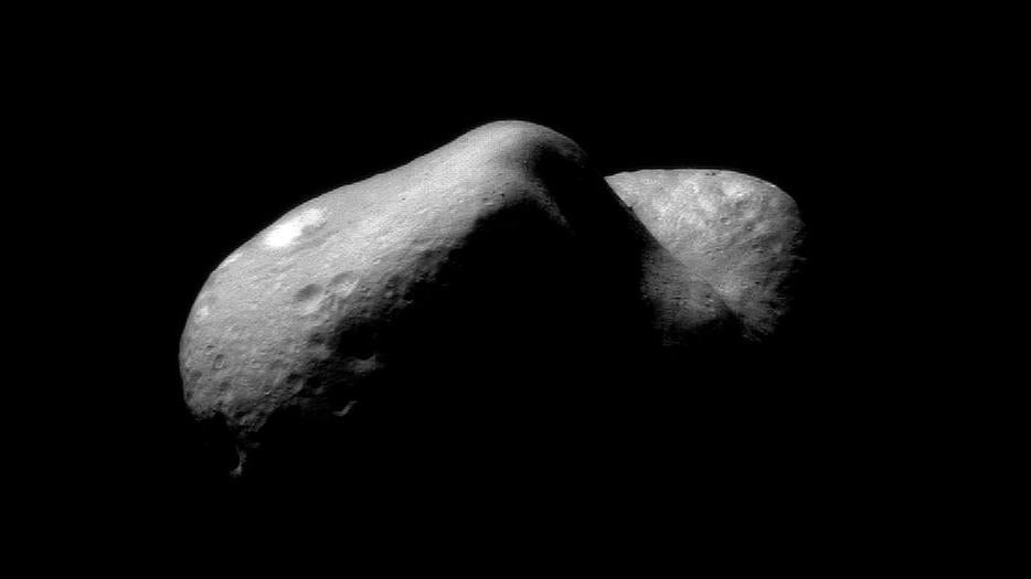 The superlative asteroid Eros, in a mosaic of two images taken by the NEAR spacecraft in 2001.
