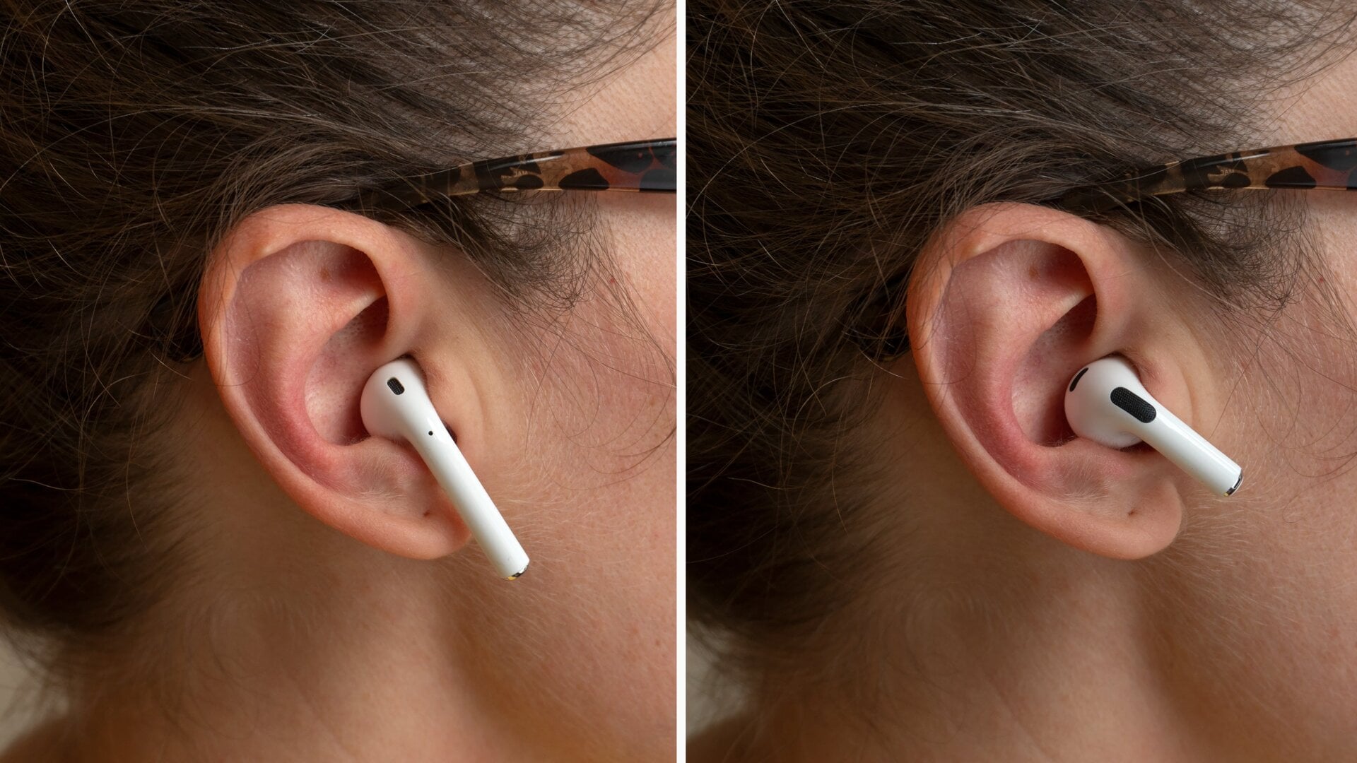 The new AirPods (right) benefit from the shorter stem and better weight distribution which makes them easier to keep stuck in your ears. I’ve always struggled to wear the second-gen AirPods (left), but the new version is much improved here.
