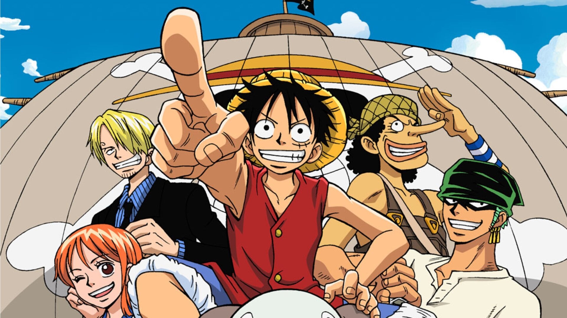The Straw Hat crew, l-r: Nami, Sanji, Luffy, Usopp, and Zoro.