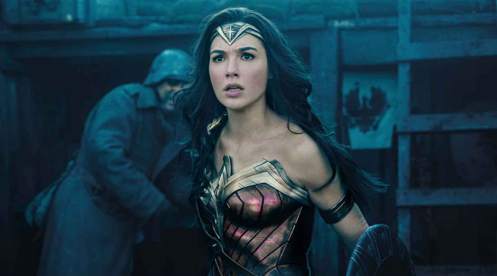 Wonder Woman (Gal Gadot) about to dominate a World War I battlefield in her first solo movie.