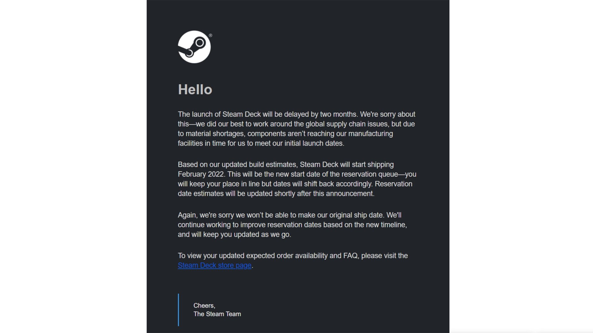 Here’s a screenshot of the email Valve has sent out to reservation holders alerting them of the delayed launch.