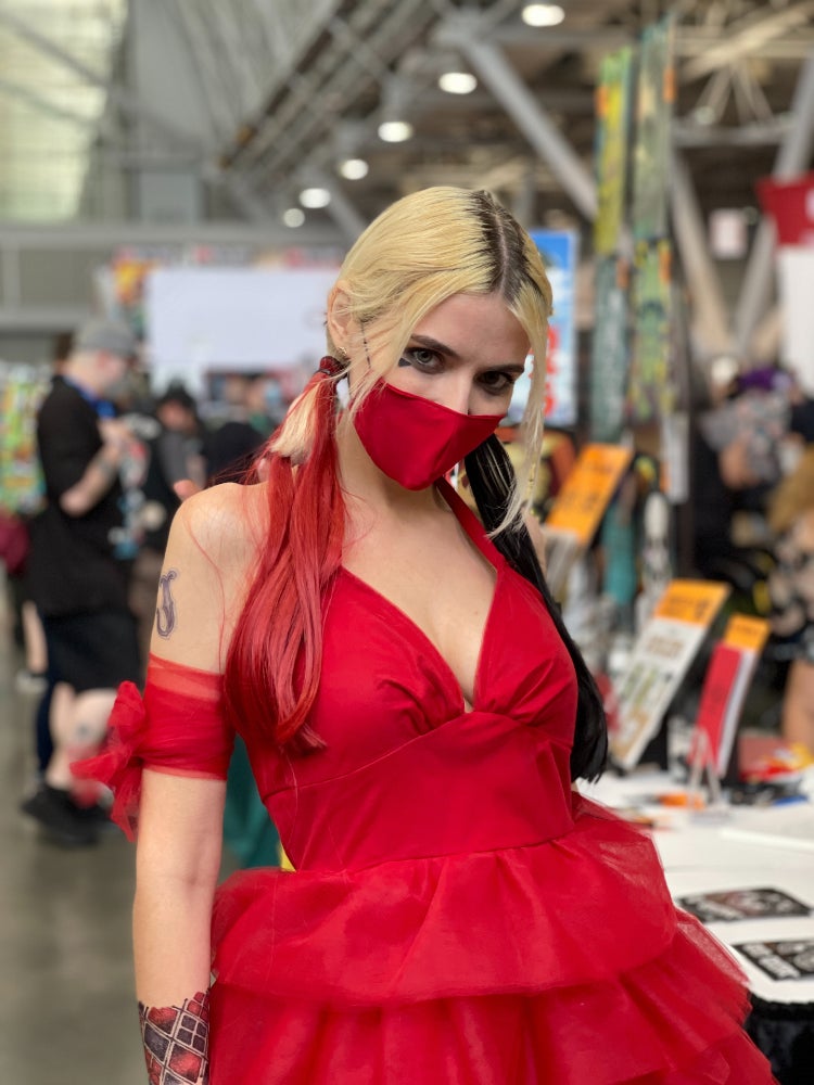 A Harley Quinn cosplayer.