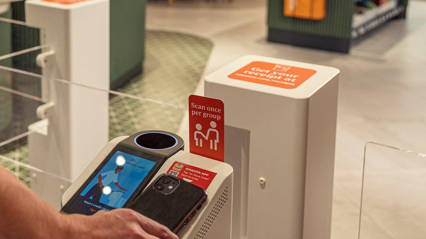 Here’s where you scan your phone, credit card, or palm to get inside the store’s lounge and Amazon Go market.