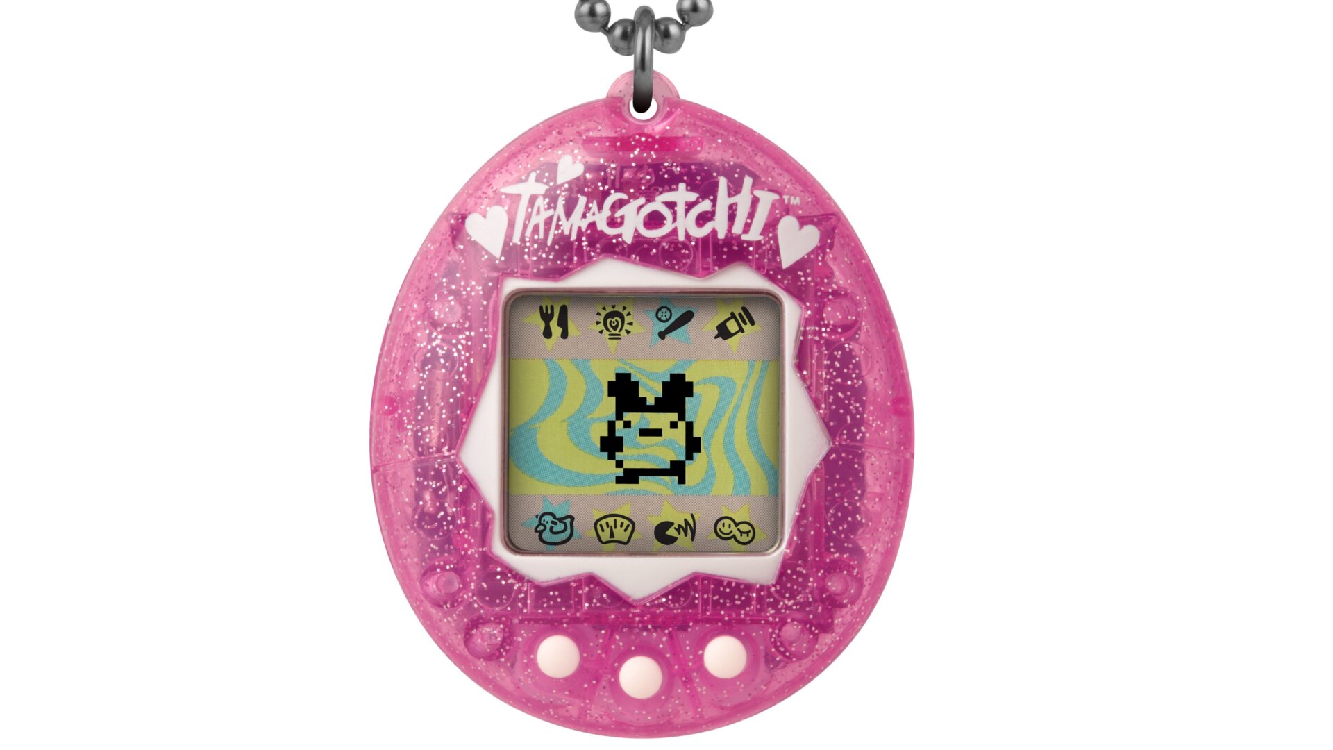 The original Tamagotchi has a new pink glitter shell. 