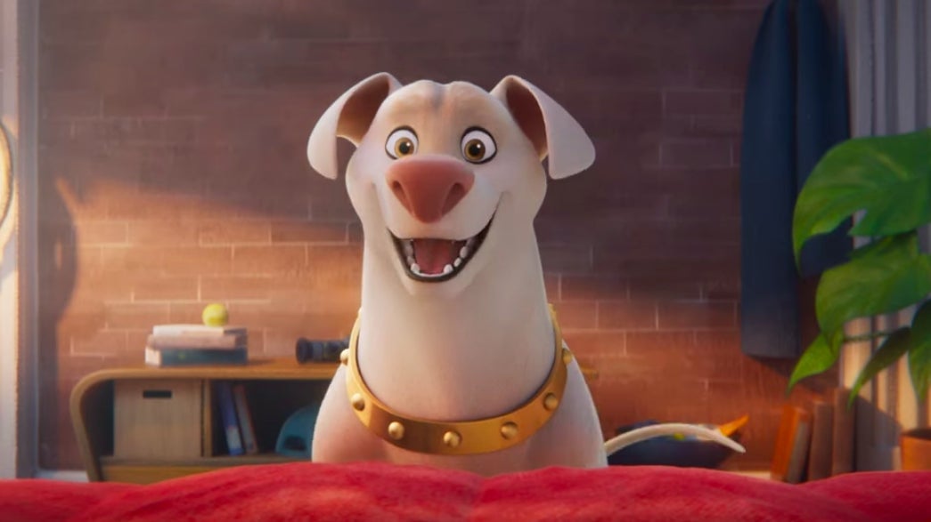 Krypto trying to get Superman out of bed.