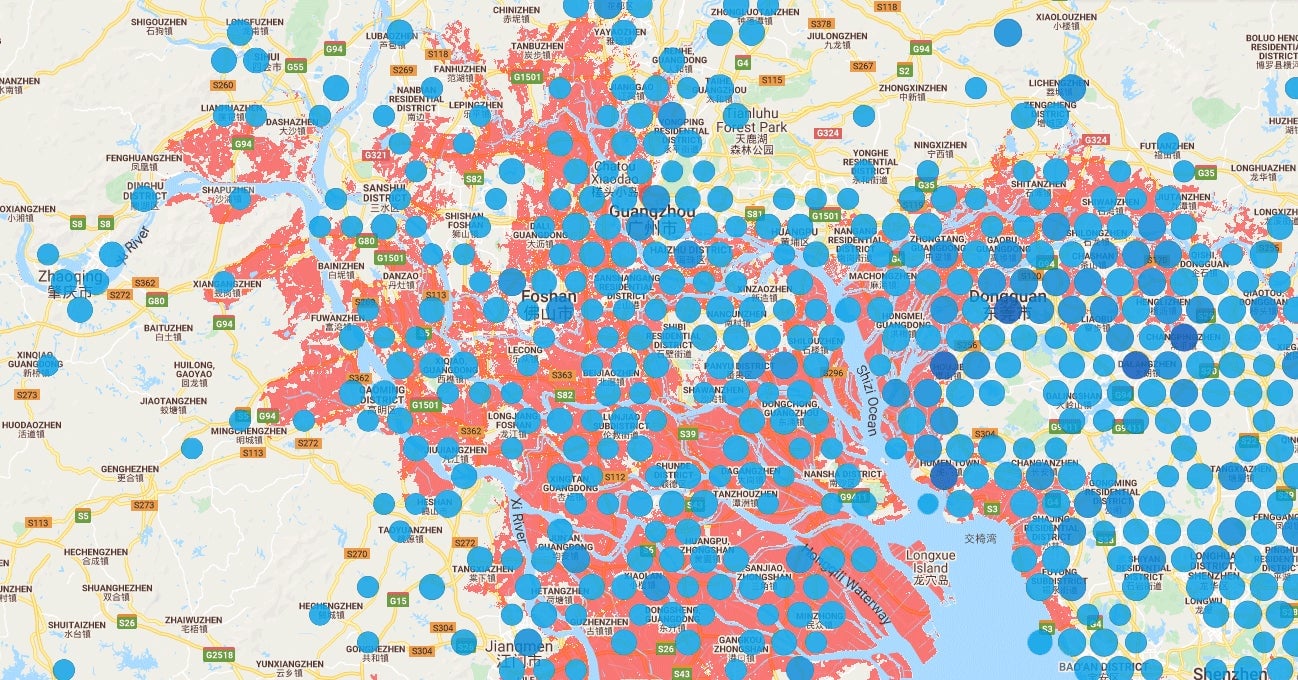 Apparel and footwear manufacturing sites and 2030 projected sea level rise in Guangzhou, China.