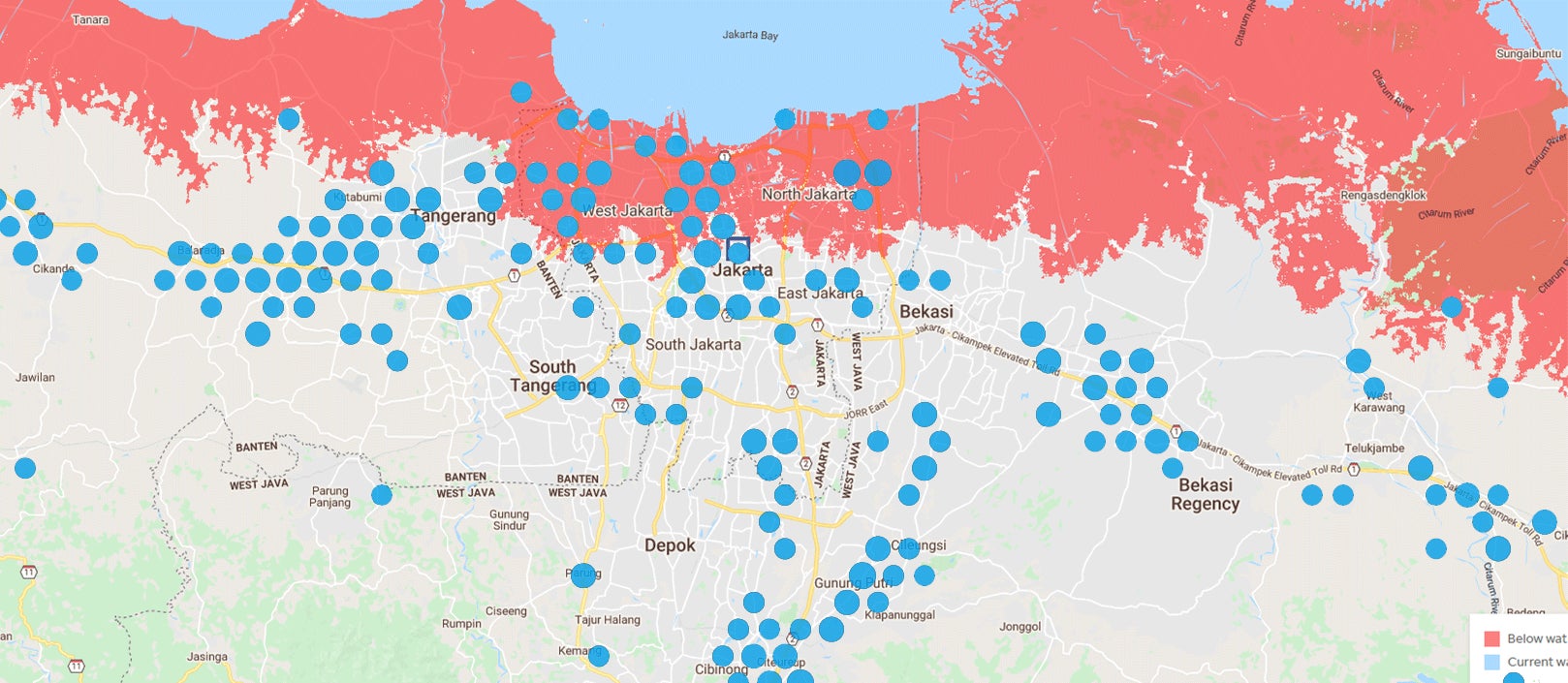Apparel and footwear manufacturing sites and 2030 projected sea level rise in Jakarta, Indonesia.