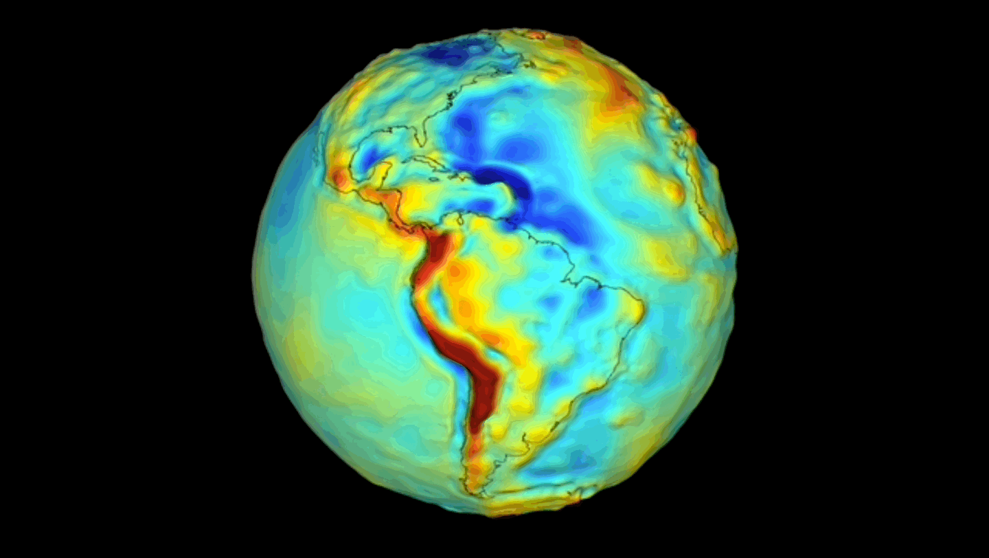 The animation displays the Earth’s gravitational anomalies. The colors and heights represent the strength of gravity at the locality.