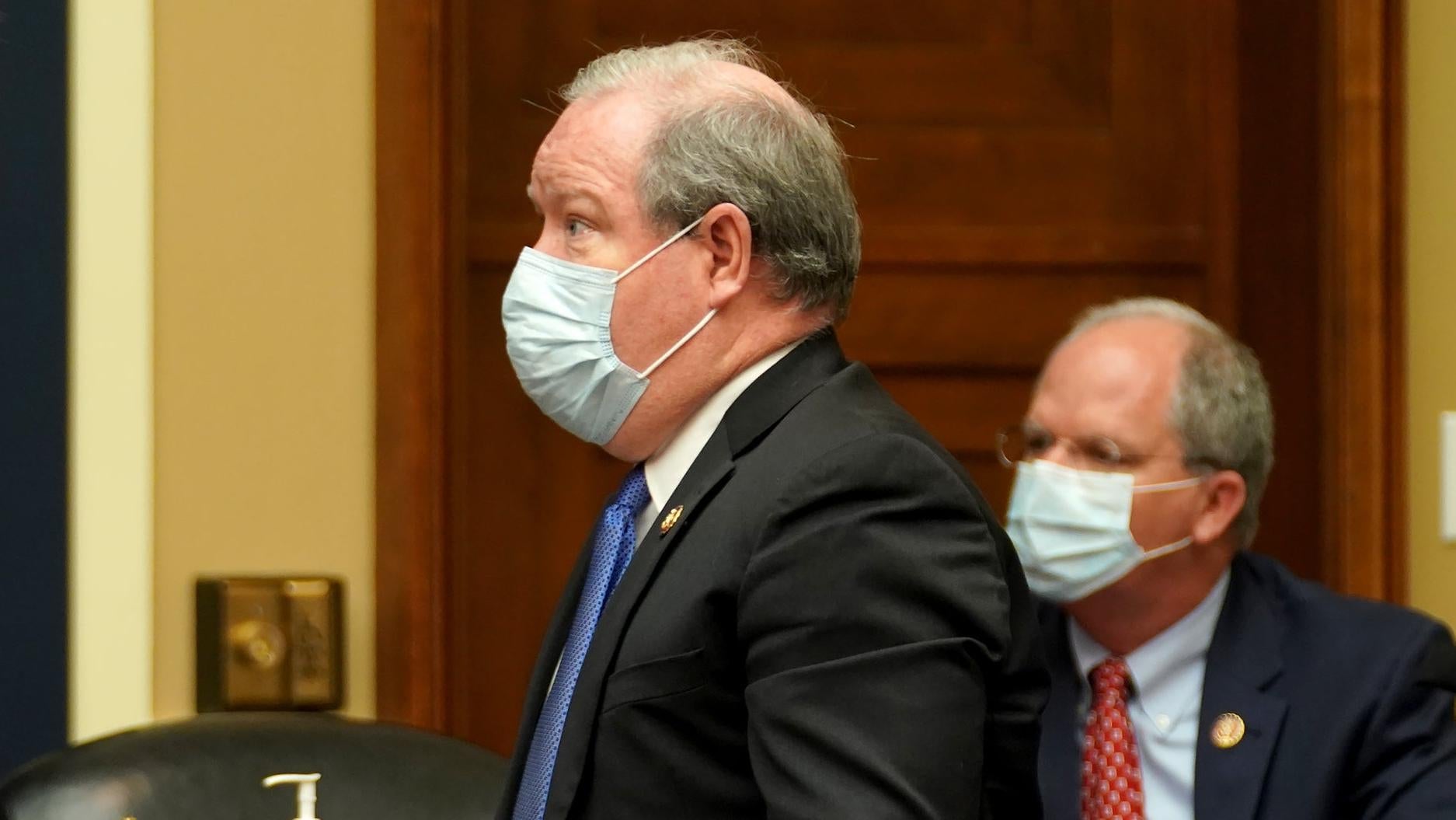 Rep. Larry Bucshon (R-IN) wearing a big mask, the biggest mask anyone has ever seen, during a meeting of the House Energy and Commerce Subcommittee on Health on May 14, 2020.