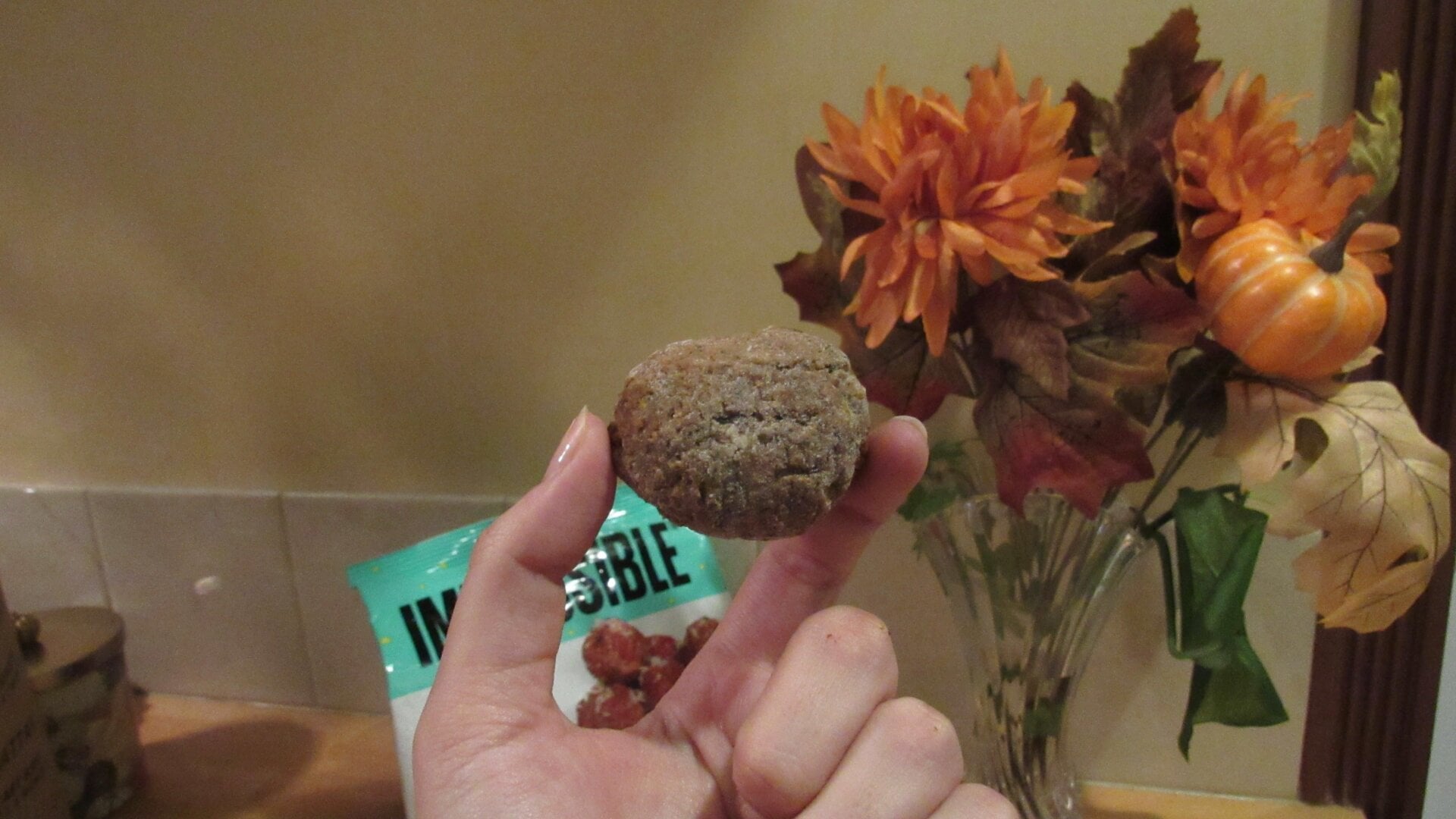 An uncooked, still-frozen ball in action.